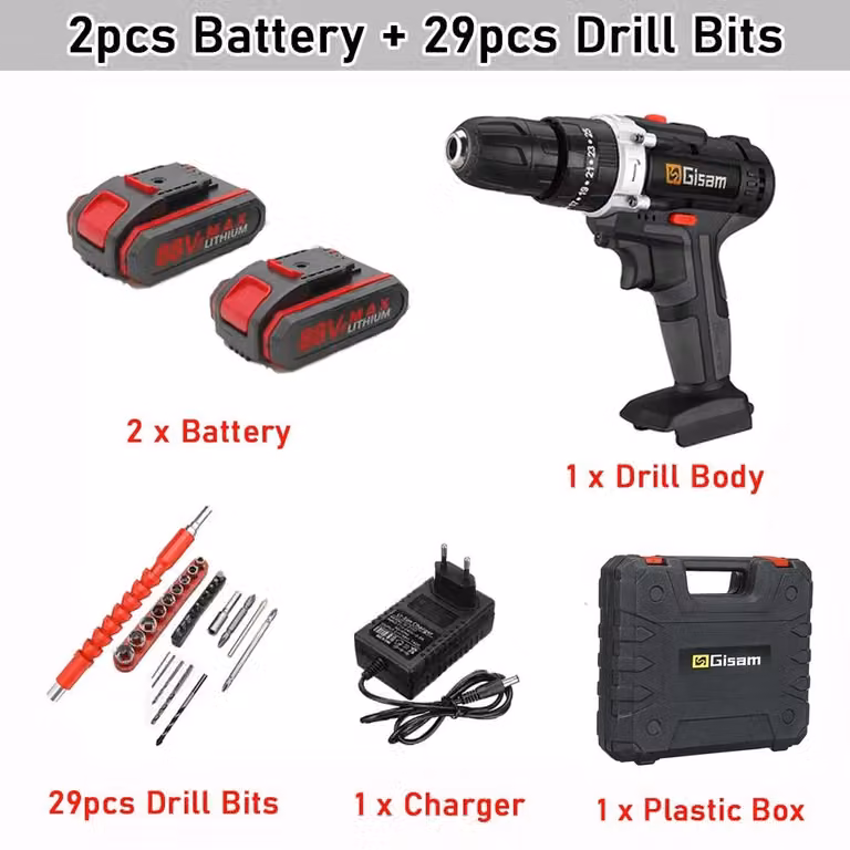 Trapano avvitatore a batteria - Trapano da 21V - 2 velocità - Coppia di 28 Nm - 2 batterie al litio - Custodia in plastica