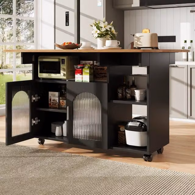 Isola Cucina Multifunzionale ¨C MINIMAL ¨C Legno, Nero, con Ruote