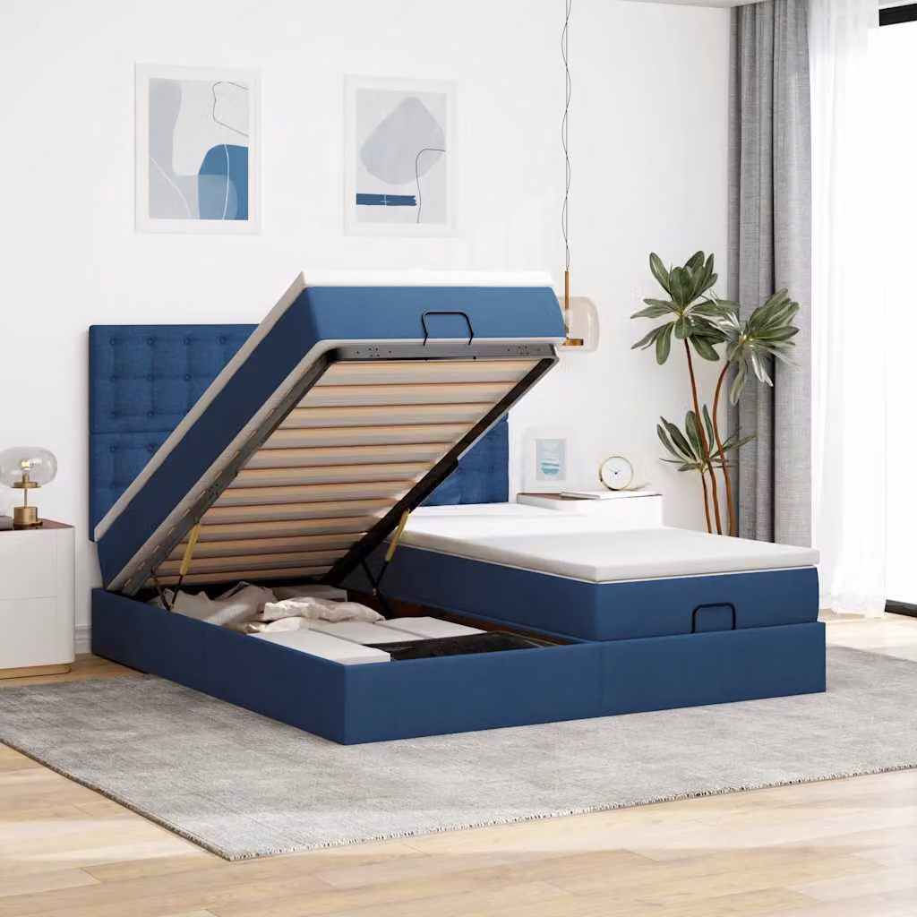 vidaXL Struttura Letto con Contenitore a Sollevamento e Materasso in Tessuto Blu e Bianco L: 180 cm, P: 200 cm, H: 128 cm