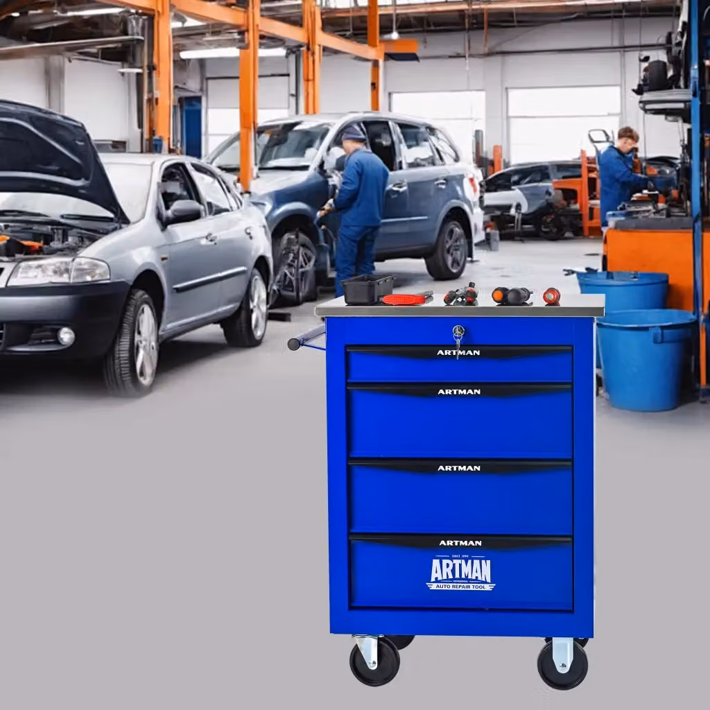 Carrello da officina in acciaio con 4 cassetti, 4 ruote e chiusura a chiave, colore nero e blu, L: 62.5 cm, P: 34.5 cm, H: 78.0 cm – 2