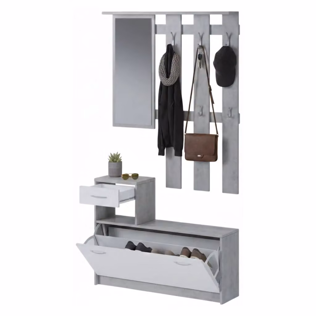 Mobile da ingresso moderno Dazio DMORA con specchiera e scarpiera, Bianco e Cemento, L: 100 cm, P: 25,5 cm, H: 180 cm – 2