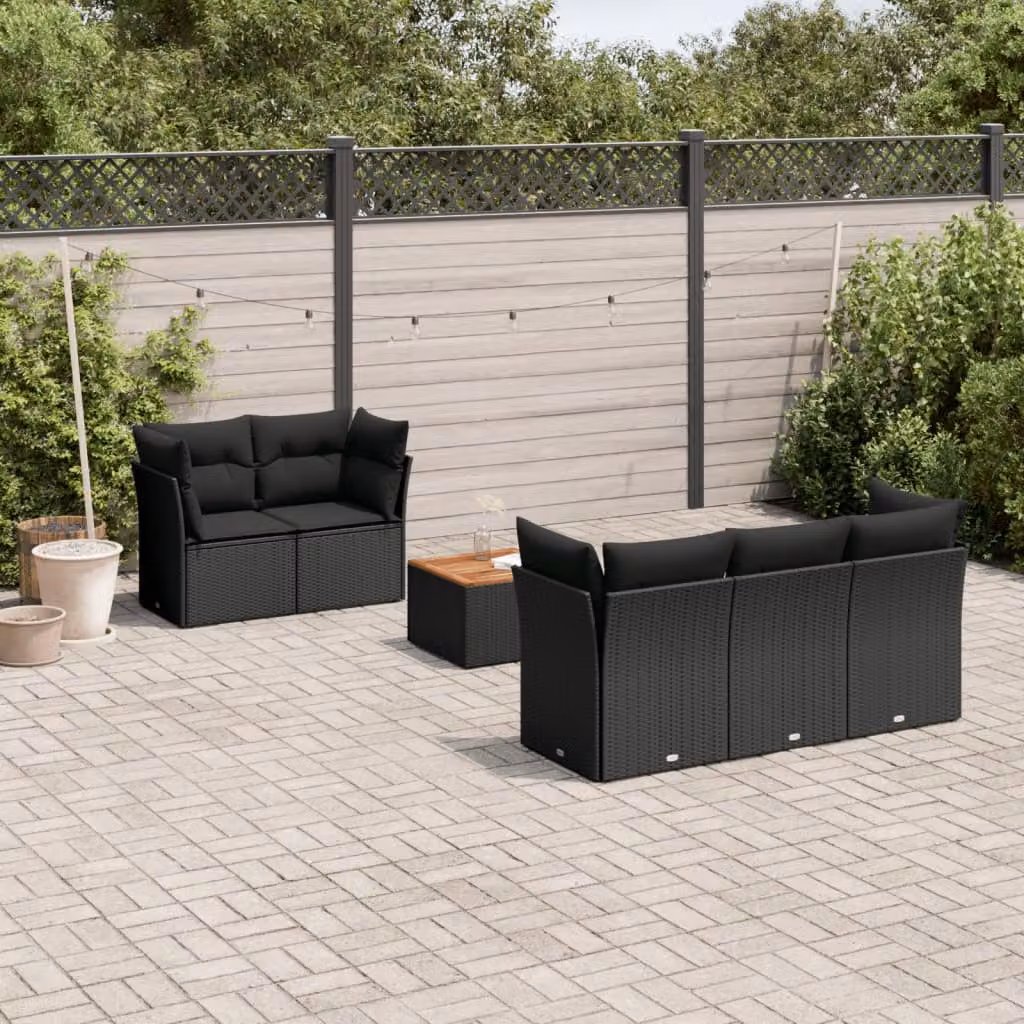 vidaXL Set Divano da Giardino a L in Polyrattan Nero con Cuscini e Tavolino da Esterno – 1