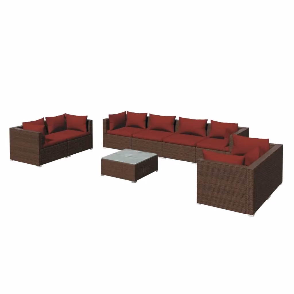 vidaXL Set Divani da Giardino 9 pz a Forma a U con Cuscini Marroni e Tavolino in Vetro – 2