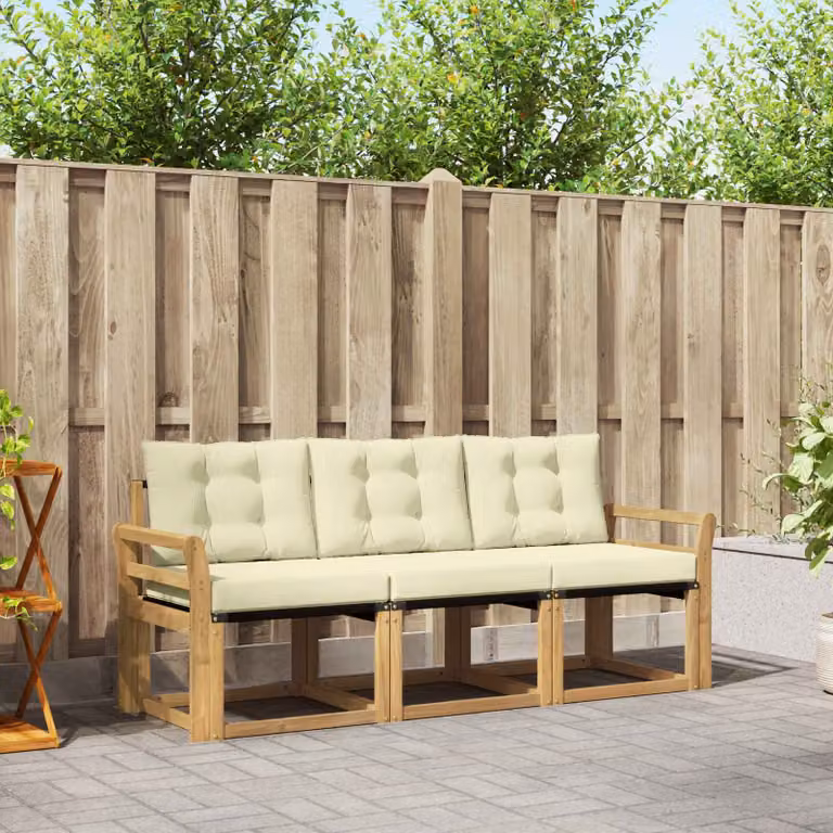 Set di divani da esterno vidaXL in legno di acacia con cuscini in tessuto textilene, Bianco e Beige