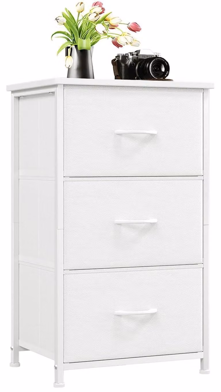 Comodino con 3 cassetti in tessuto, colore bianco, dimensioni 30x42x71,5 cm