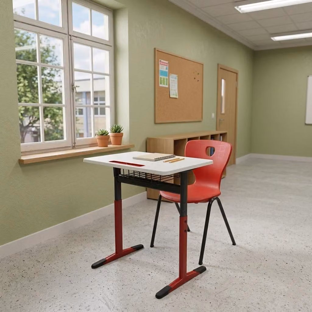 Set scolastico grigio-rosso: scrivania ergonomica, sedia singola dal design moderno