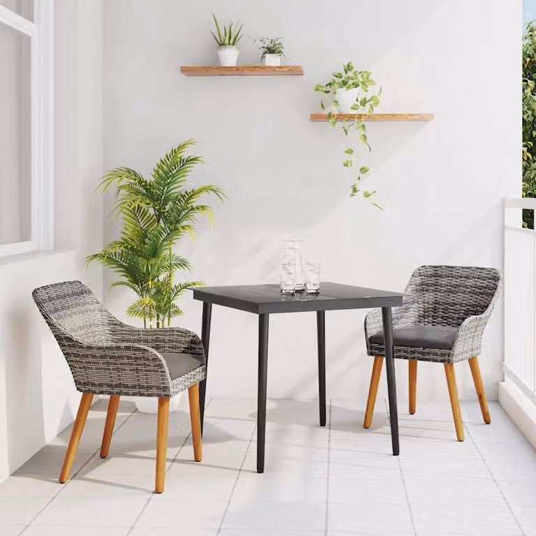 Set da pranzo per giardino e terrazza vidaXL in polyrattan grigio con tavolo in vetro e 3 pezzi