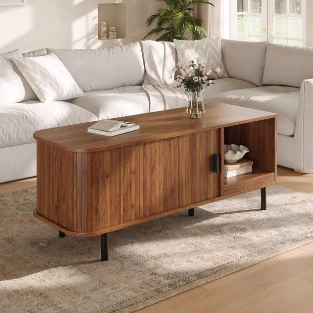 Tavolino basso fisso con anta scorrevole vano aperto in MDF e pannello truciolare noce 110 × 40 × 55 cm