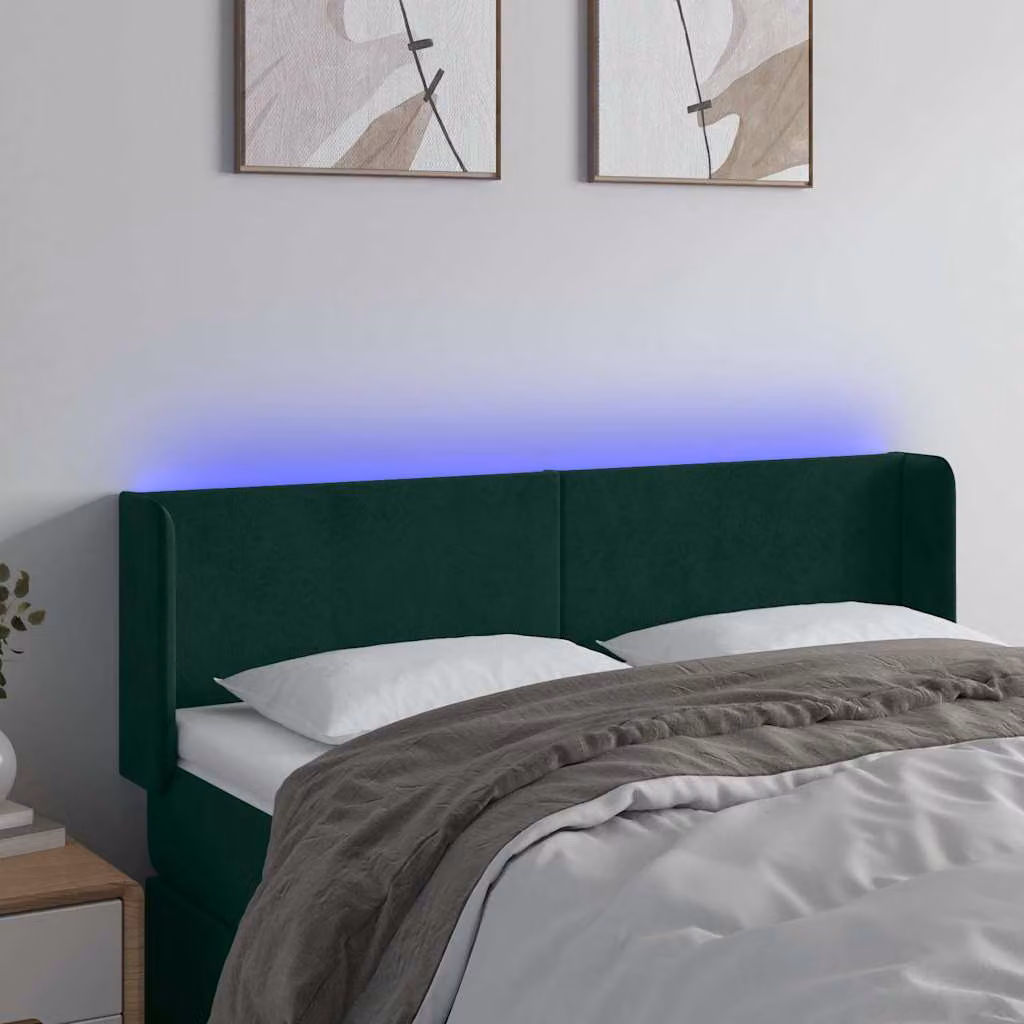 Testiera per letto vidaXL in velluto verde scuro con illuminazione LED e porta di ricarica USB, L: 147 cm, P: 16 cm, H: 78-88 cm