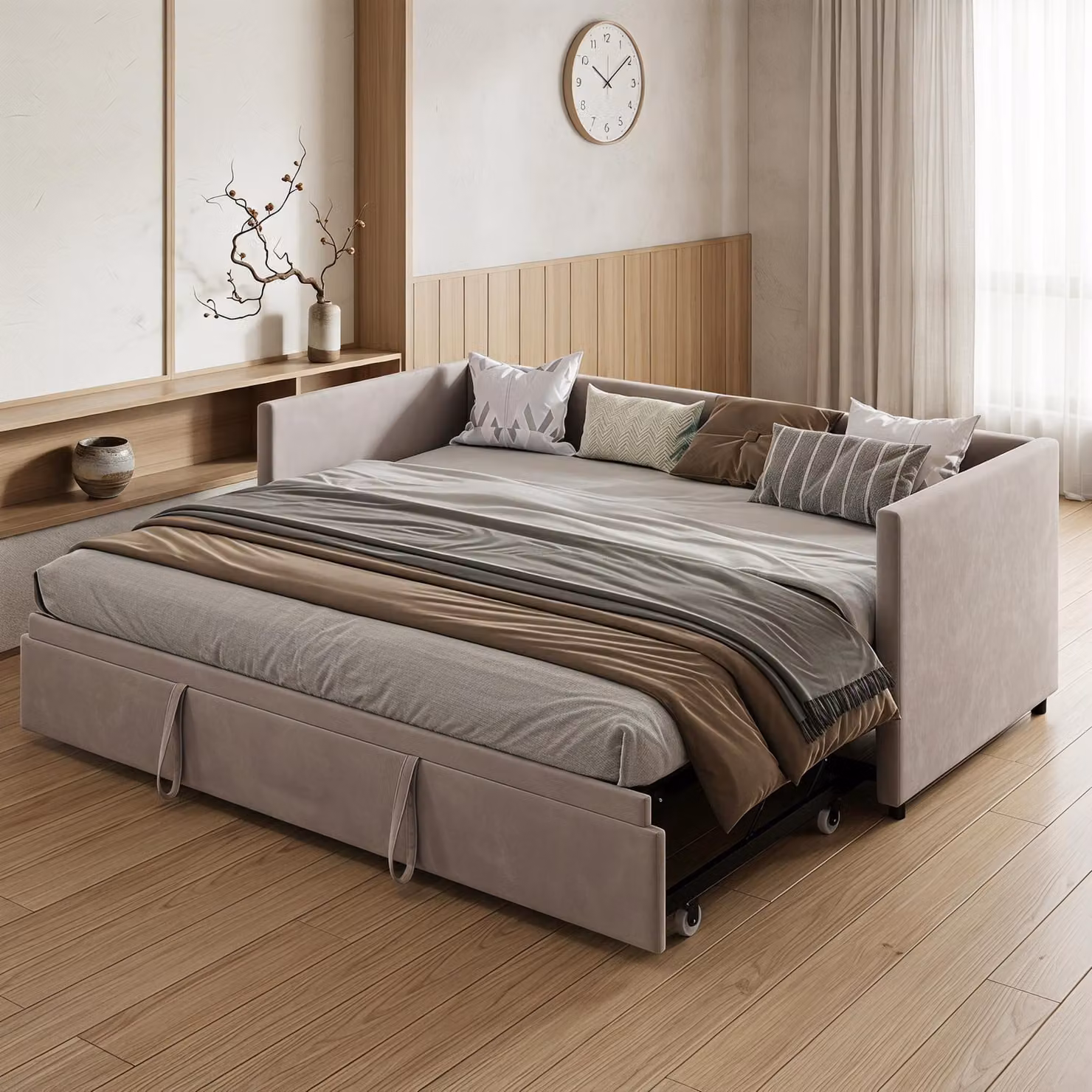 Letto imbottito trasformabile in divano letto, modello INONEFT, disponibile nelle dimensioni 90x200 cm o 180x200 cm, con letto estraibile, ideale come divano da giorno con rete a doghe e braccioli, letto per ospiti o letto per ragazzi, rivestito in vellut