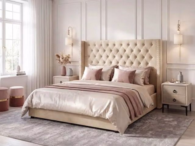 Letto con contenitore Beliani in velluto beige imbottito con testiera alta L/P/H: 205 x 180 x 143 cm