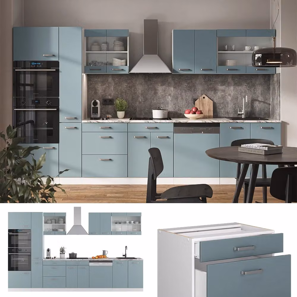 Cucina componibile moderna Vicco R-Line Grigio-blu/Bianco con armadio alto e piano antracite, L: 350 cm – 2