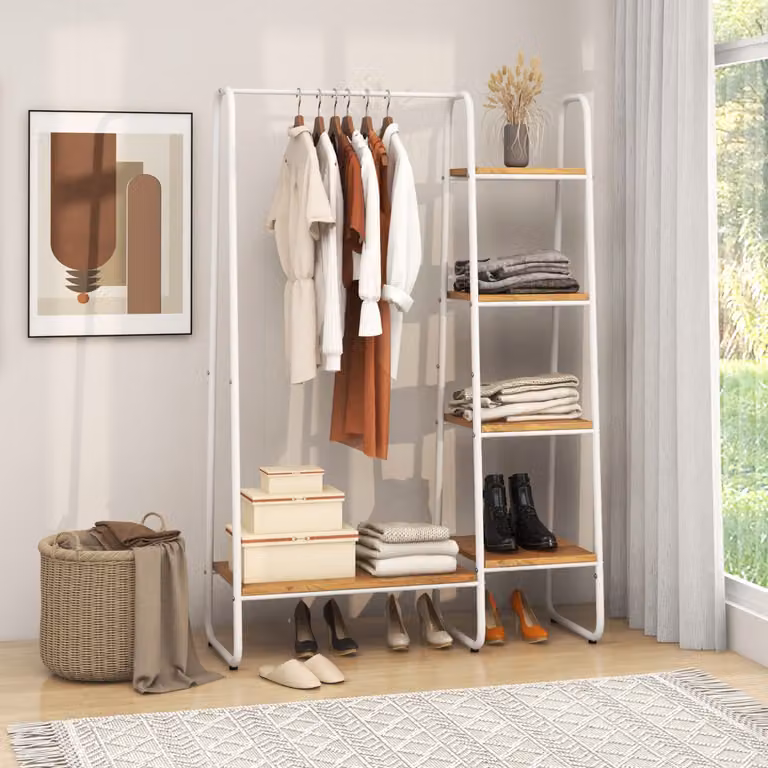 Scaffale appendiabiti Costway in metallo e MDF con ripiani e appendino aperto, colore naturale