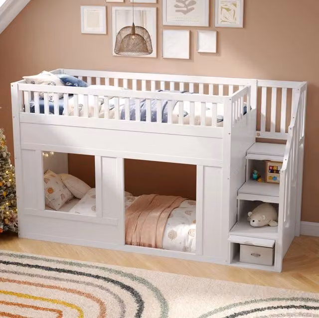 Letto a castello per bambini 90x200 cm con scaletta armadio e spazio gioco, senza materasso, bianco