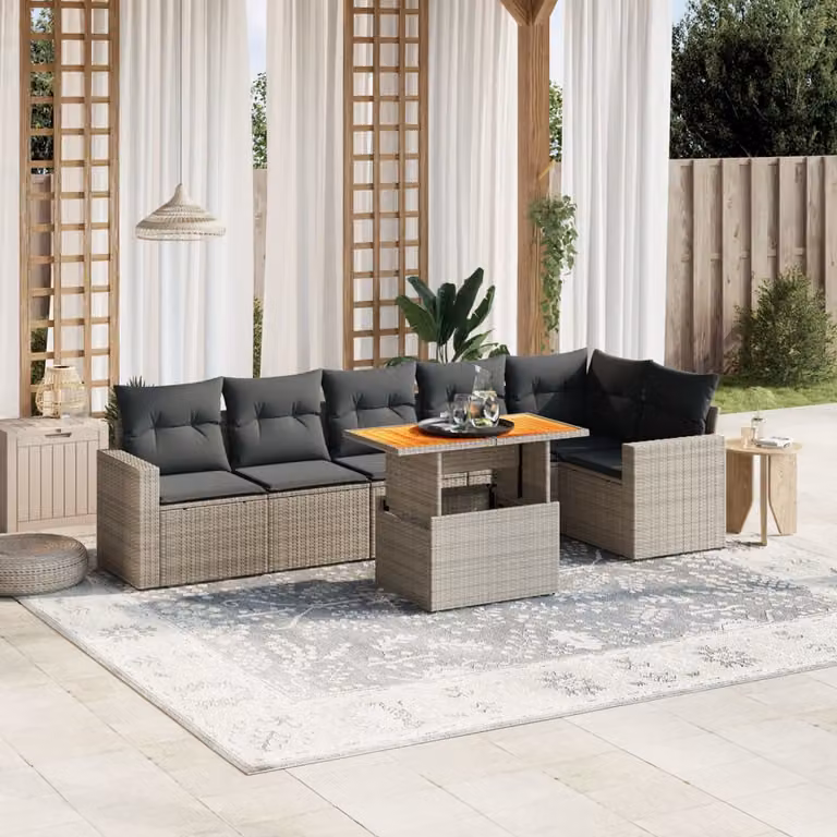 vidaXL Set Divani da Giardino 7 pz a Forma a L in Polyrattan Grigio con Cuscini e Tavolino