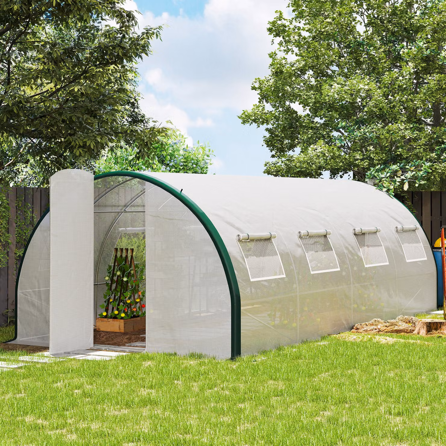 Serra a tunnel Outsunny con 2 ingressi e 8 finestre, struttura in acciaio zincato e poliestere, Bianco e Verde, L: 600 cm, P: 300 cm, H: 240 cm – 2