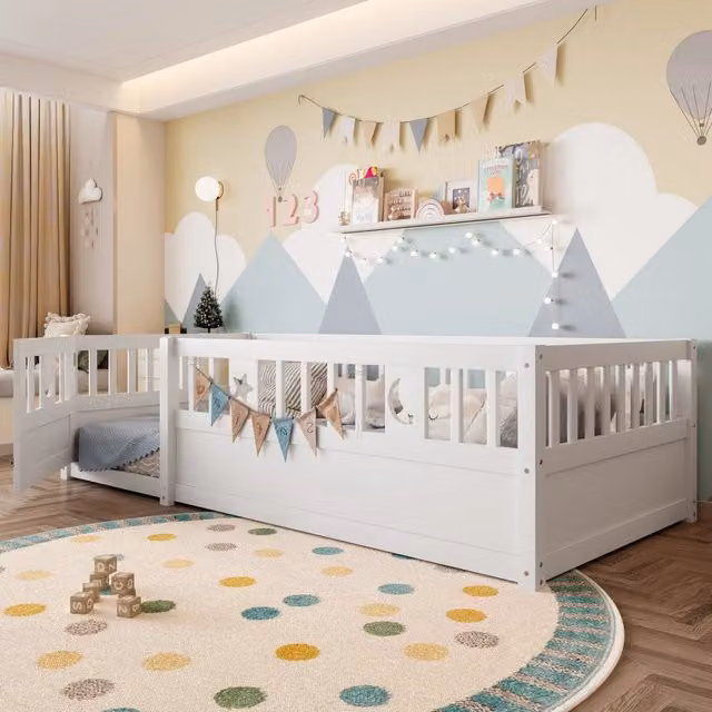 Letto a baldacchino per bambini bianco in pino con rete di sicurezza 90x190 cm
