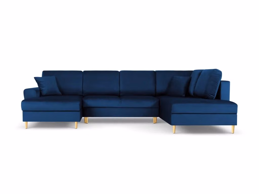 Divano panoramico convertibile con contenitore Kyoto di Cosmopolitan Design, modello a 7 posti in velluto blu reale e oro, configurazione a L con lato destro, L/P/H: 313 x 175 x 88 cm – 2