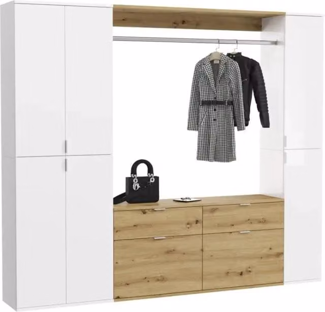 Armadio moderno BODITE con 6 ante, cassetti interni e appendiabiti, Bianco e Rovere, L: 212 cm, H: 193 cm, P: 60 cm