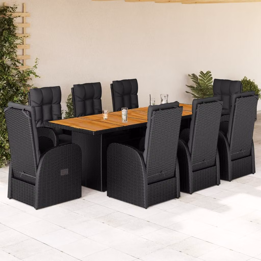 Set da pranzo da giardino vidaXL in polyrattan e legno di acacia nero con 9 pezzi e cuscini