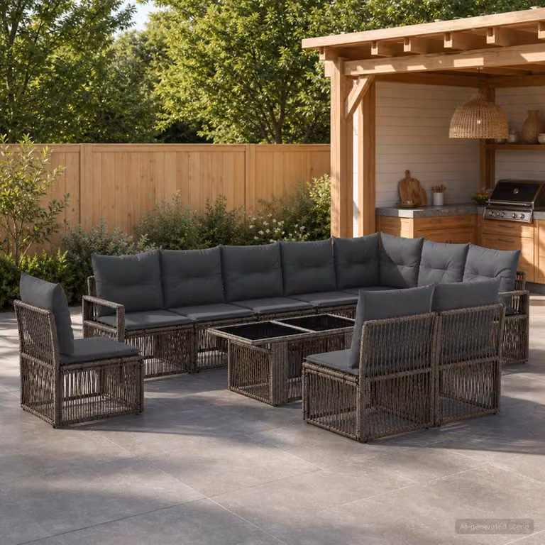 Set Divano da Giardino vidaXL 11 pz in Polyrattan Grigio e Antracite con Tavolino e Cuscini