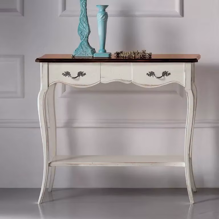 Consolle classica shabby chic in legno bicolore bianco e marrone con 2 cassetti Mobili 2G L: 88 cm, P: 33 cm, H: 79 cm