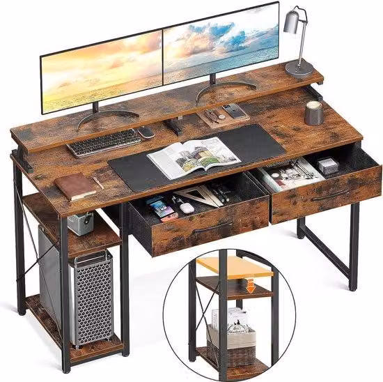 Scrivania Unyqoos® per l'ufficio domestico, dimensioni 120 x 50 x 87 cm – Scrivania con 2 cassetti, supporto per monitor da 9,9 cm e 2 ripiani, colore marrone rustico, struttura in metallo e piano in legno