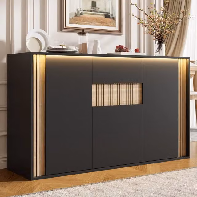 Credenza moderna in MDF con illuminazione LED integrata, colore nero e marrone, L 140 x P 40 x H 82 cm
