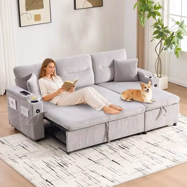 Divano 3 posti con contenitore e chaise longue ¨C Minimal ¨C Grigio corda, idraulico, con porta bevande e USB-C
