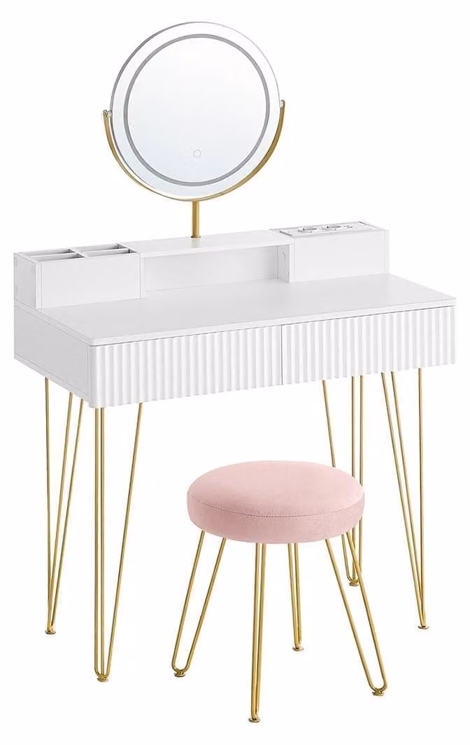 Set da trucco completo con sgabello, specchio e illuminazione – 40 x 80 x 134,8 cm – bianco opaco con dettagli dorati