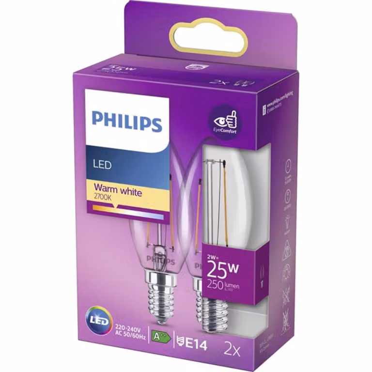 Confezione da 2 LED E14 2W (25W) Trasparente 250lm