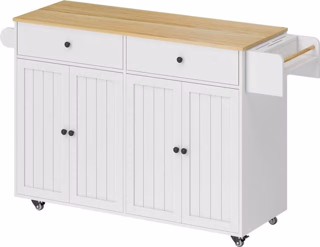 Isola da cucina su ruote HOMCOM in MDF bianco con 2 cassetti, 2 armadi, ripiano per spezie, porta asciugamani e porta coltelli