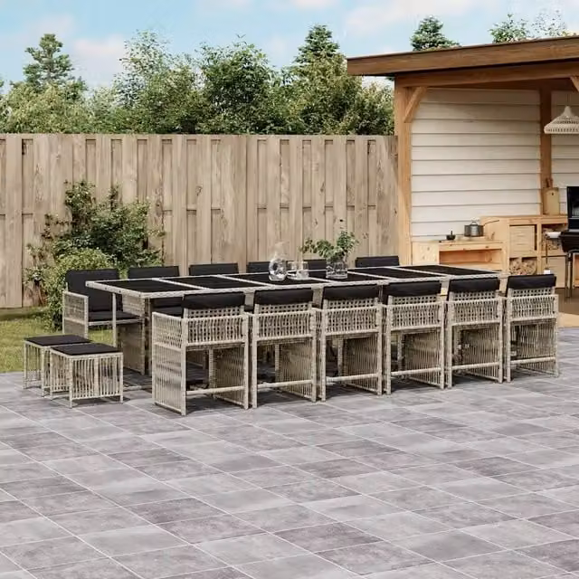 Set da Pranzo da Giardino 17pz vidaXL in Polyrattan Grigio con Cuscini e Tavolo in Vetro