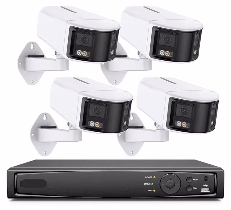 Sistema di videosorveglianza composto da 4 telecamere, un registratore NVR a 8 canali, staffe di montaggio e un disco rigido da 2T
