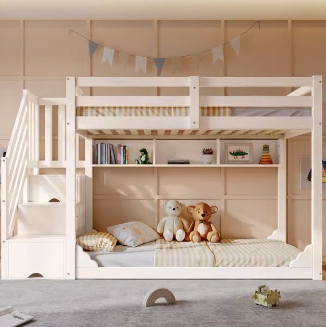 Letto a castello ULEVR 90x200 cm bianco con scala contenitore, cassetti in tessuto e 3 ripiani aperti