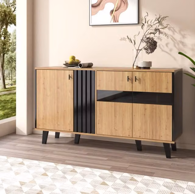 Madia a 3 ante con LED; ripiani e anta in vetro; 140 x 78;5 x 41 cm