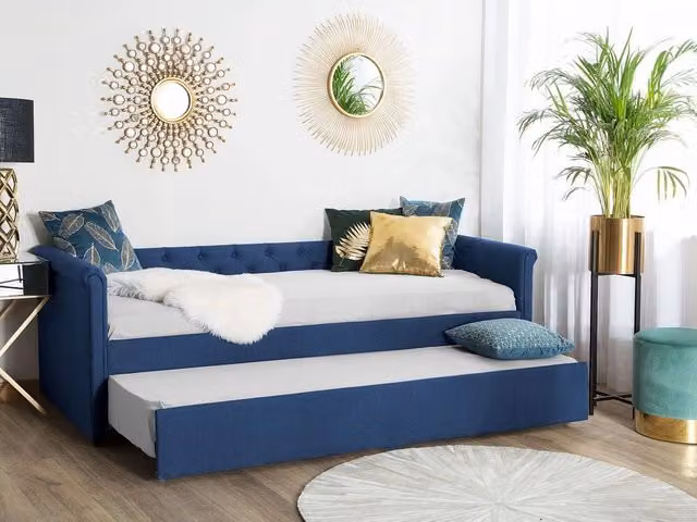 Divano Letto Estraibile Beliani in Tessuto Blu con Design Chesterfield e Struttura Imbottita L/P/H: 200 x 80 x 164 cm – 1