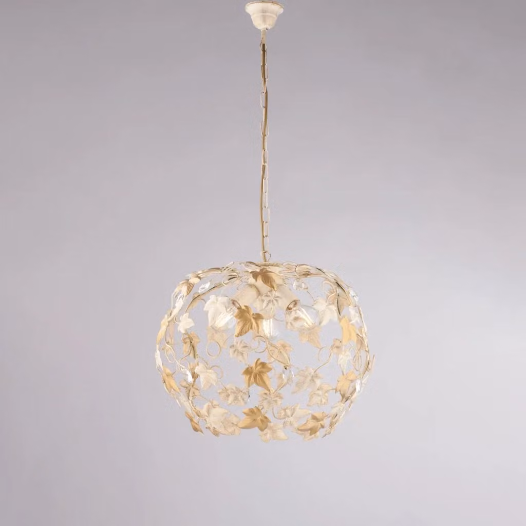 Lampadario Sospeso Belight Shabby Chic Edera con 3 Luci in Ferro Battuto Avorio e Oro con Foglie e Cristalli – 2
