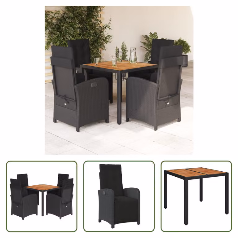 The Living Store Set da pranzo da giardino 5 pezzi con cuscini in poly rattan nero