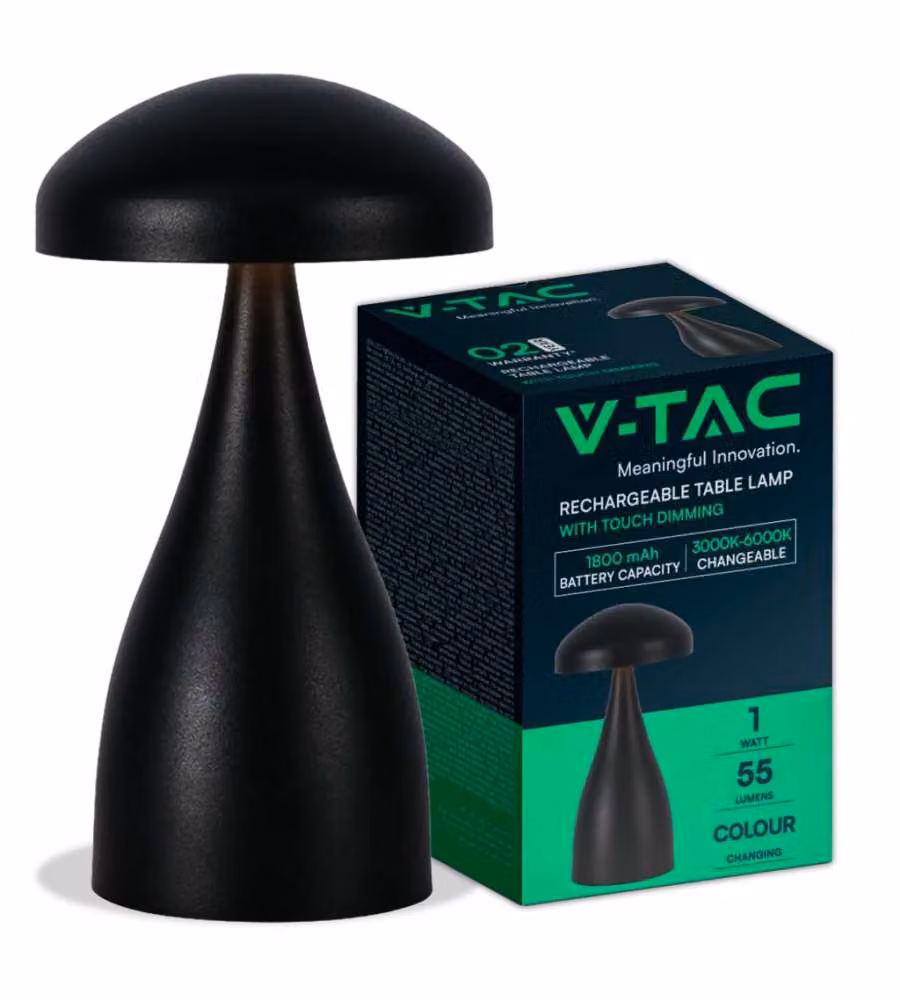 V-TAC Lampada LED da Tavolo Dimmerabile con Touch Control, Batteria Ricaricabile USB-C, Colore Nero, Design Moderno in Metallo