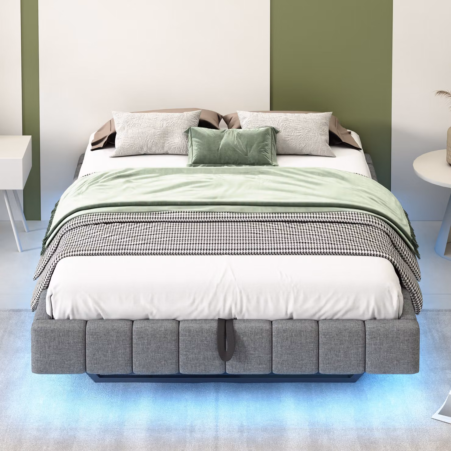 Letto imbottito idraulico Flieks 140x200cm senza testata, letto a molle insacchettate letto matrimoniale con LED, letto per ragazzi letto in legno, biancheria, grigio