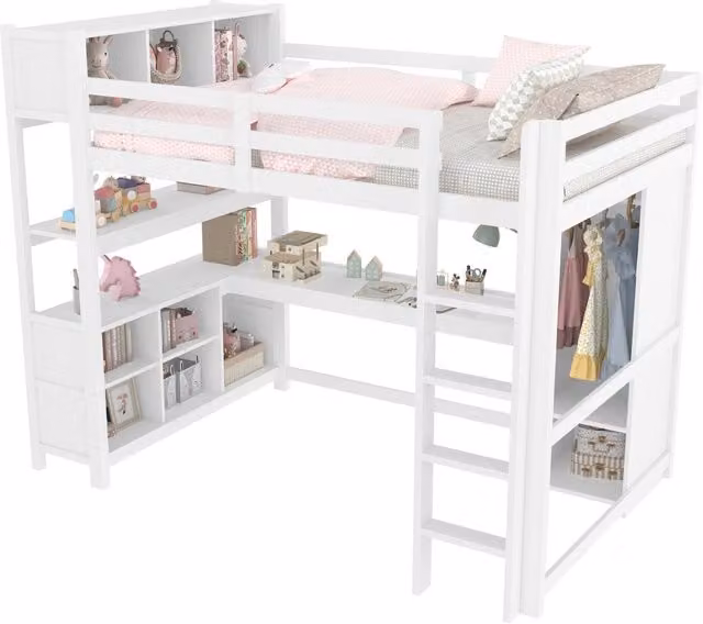 Letto a soppalco REDOM per bambini in legno e MDF bianco con scrivania, scaffali e armadio L/P/H: 200 x 140 x 232,5 cm – 1