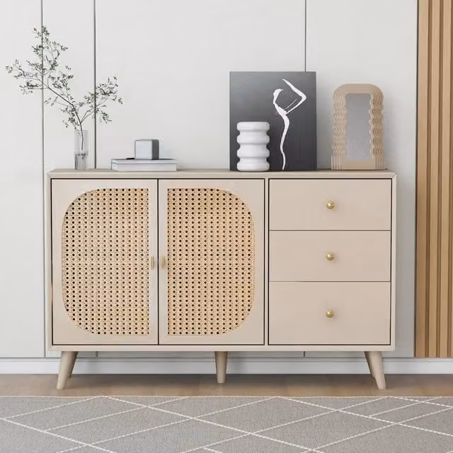 Mobile TV Zephmum con ante e cassetti in finitura opaca bianco e beige, L: 120 cm, P: 40 cm, H: 82,5 cm