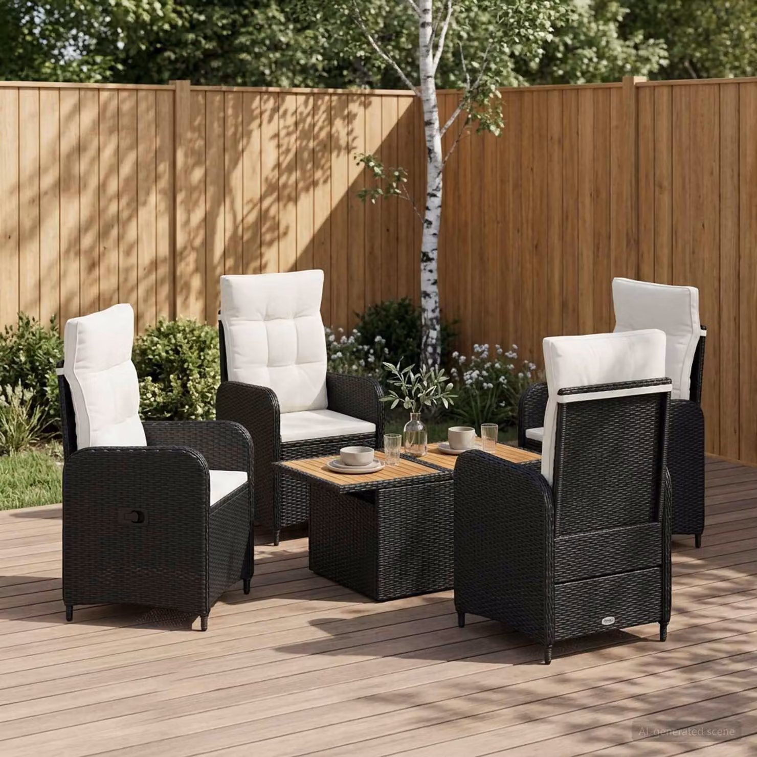 Set da pranzo per esterni vidaXL in rattan nero e bianco con tavolo quadrato e 5 sedie moderne