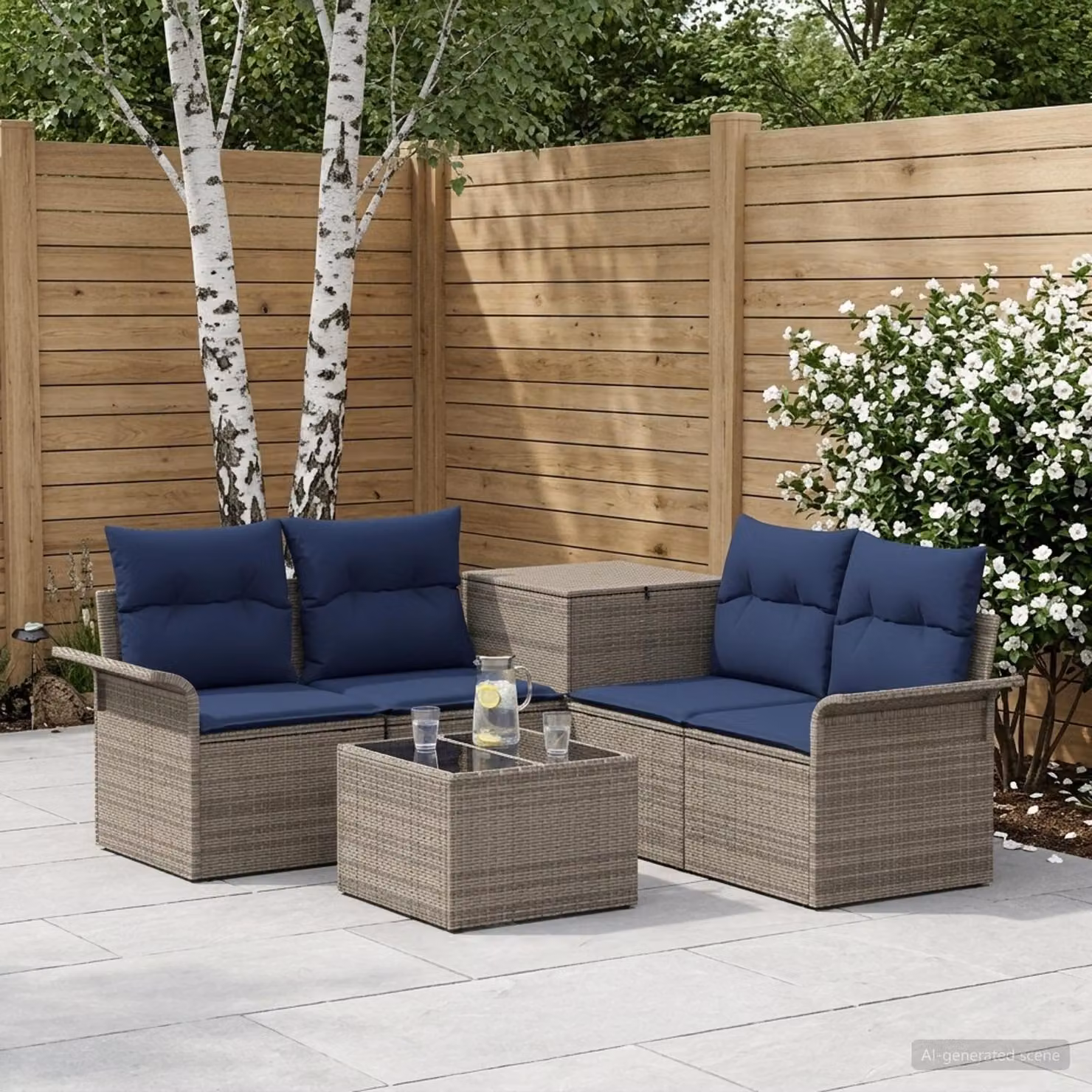 Set di divani da giardino vidaXL a forma di L con tavolino e pouf, 6 pezzi, Grigio e Blu Navy