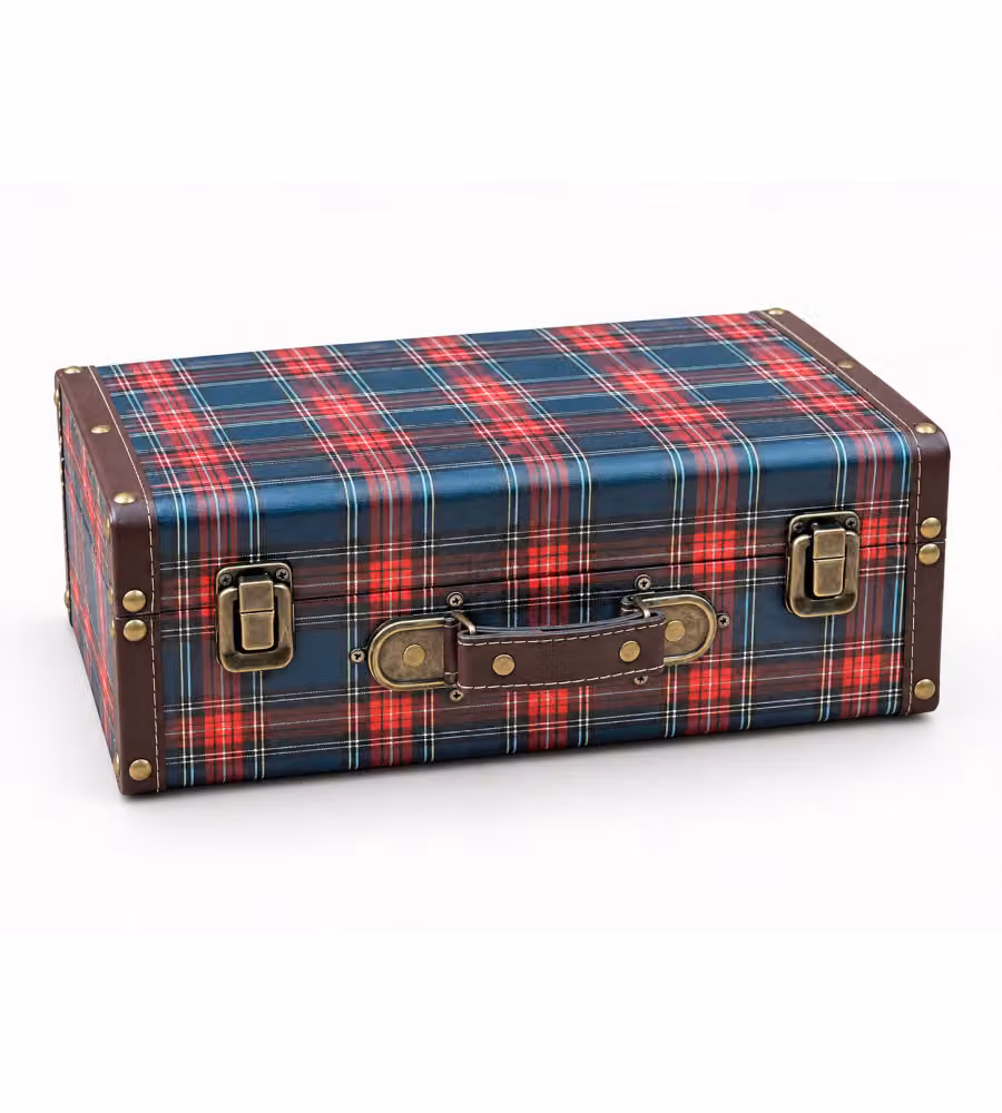 Valigetta tartan blu 35x25x12,5 cm in MDF con maniglia e coperchio