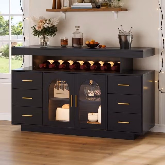 Desviae Mobile bar con LED RGB 6 cassetti ripiano aperto in MDF nero per cucina e soggiorno 140 × 40 × 82 cm