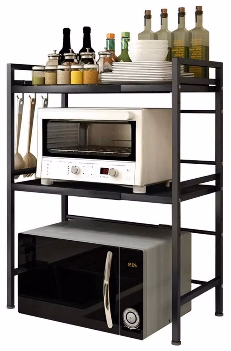 Ripiano per microonde - Scaffale da cucina estraibile a 3 livelli - Organizer per piano di lavoro regolabile - Ripiano con 6 ganci - Acciaio - Nero