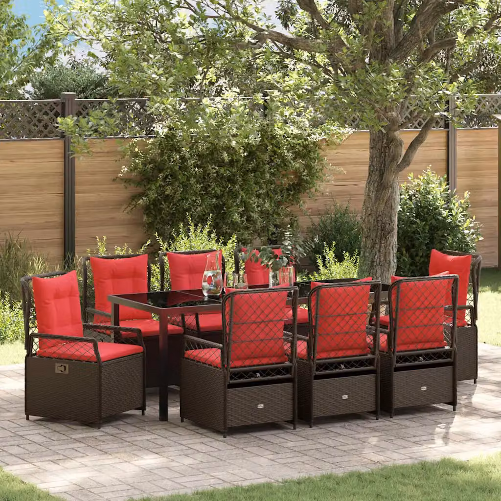 Set da pranzo per giardino e terrazzo vidaXL in polyrattan marrone con tavolo in vetro e 9 pezzi