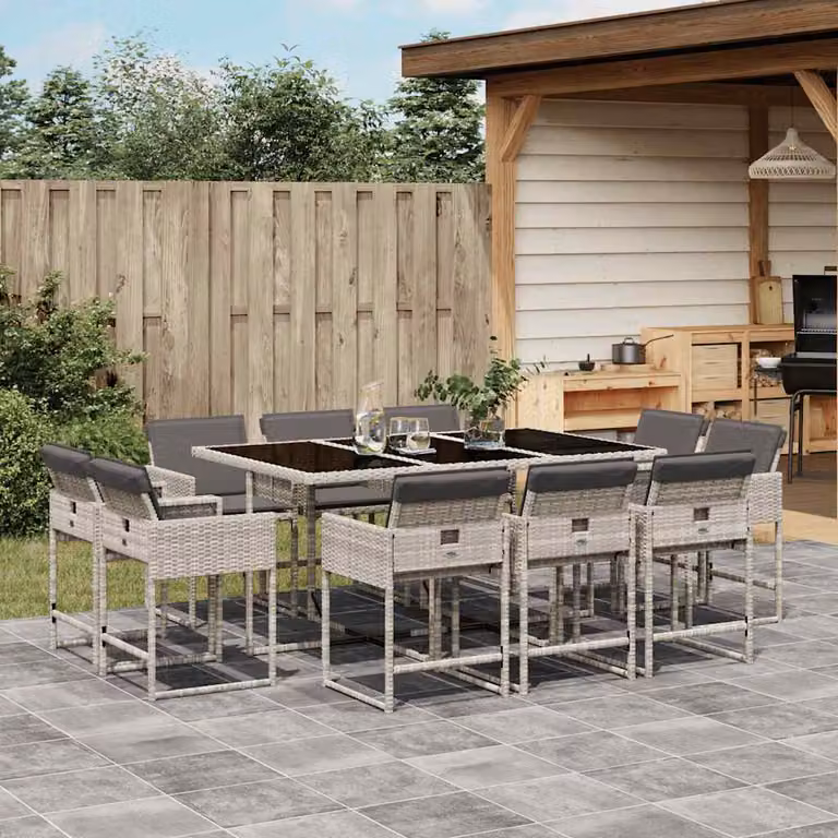 Set da pranzo da giardino vidaXL in polyrattan con cuscini grigio antracite e piano in vetro, 11 pezzi